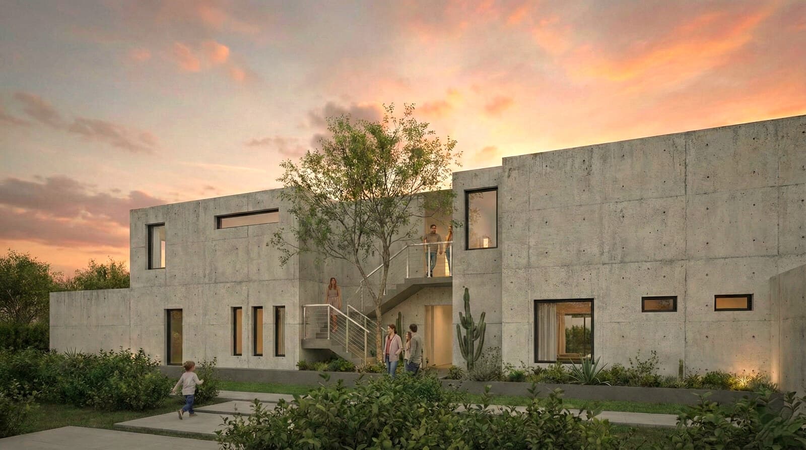 Render del nuevo hogar al atardecer con familia y eje vertical de ladrillo